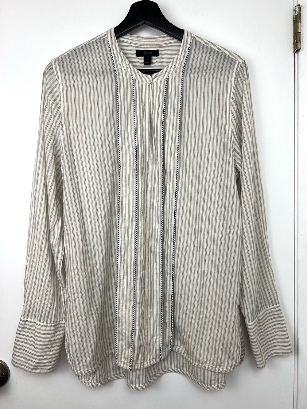 J. Crew Cotton Pin Tuck Bib Snap Front Tunic Poet Shirt 12 Gray White  Striped